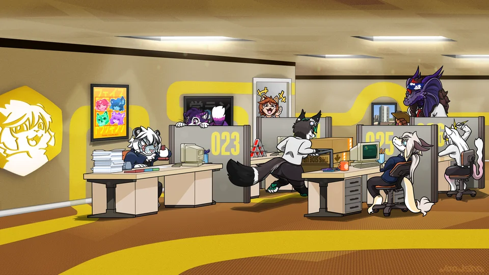 Illustrated studio office: seven anthropomorphic artists at desks under yellow pipes. One carries a box. One waves from the door.